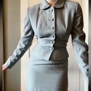 1950s Powder Blue Wool Skirt Suit Peter Pan Collar XS